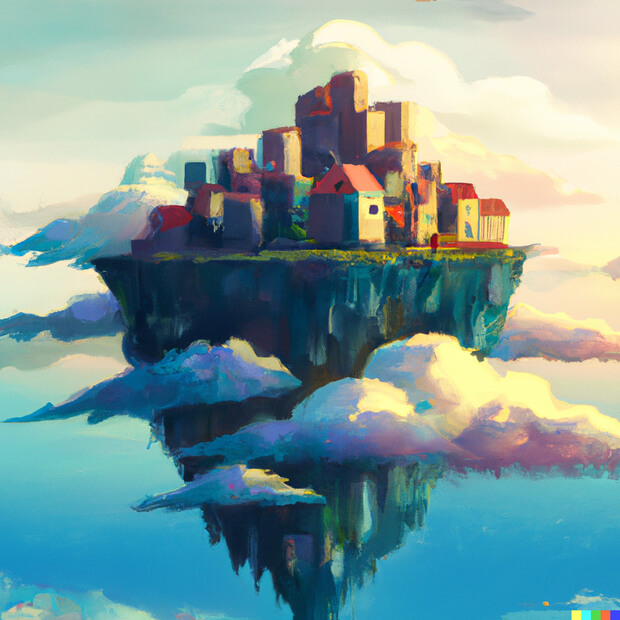 a city on an island floating in the sky with clouds in the background, digital art - version 1
